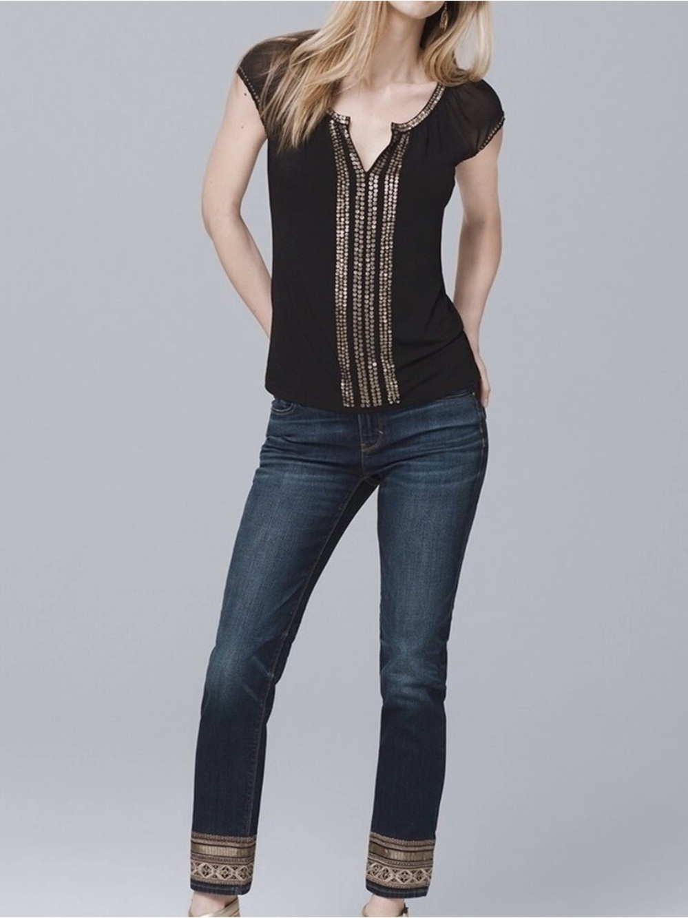 White House Black Market Dark Blue Ankle Jeans with Embroidered Hem